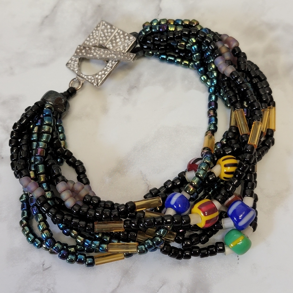 Black Multi Strand Beaded Bracelet Seed Beads Multicolor‎ Boho Funky Statement